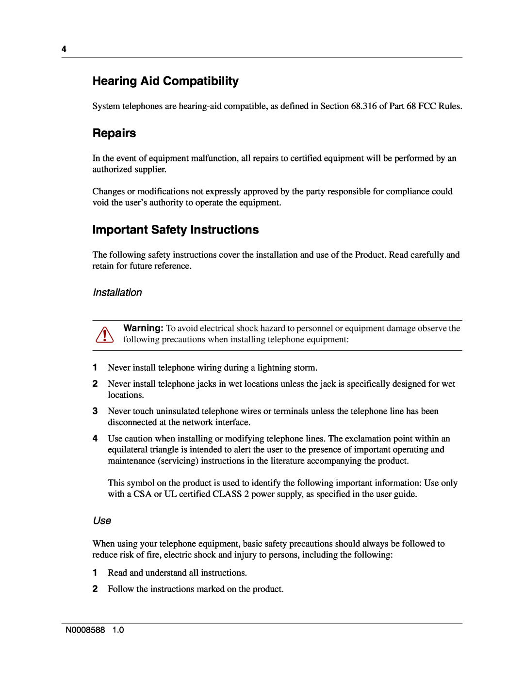 Nortel Networks MOG7xx, MOG6xx manual Hearing Aid Compatibility, Repairs, Important Safety Instructions, Installation 