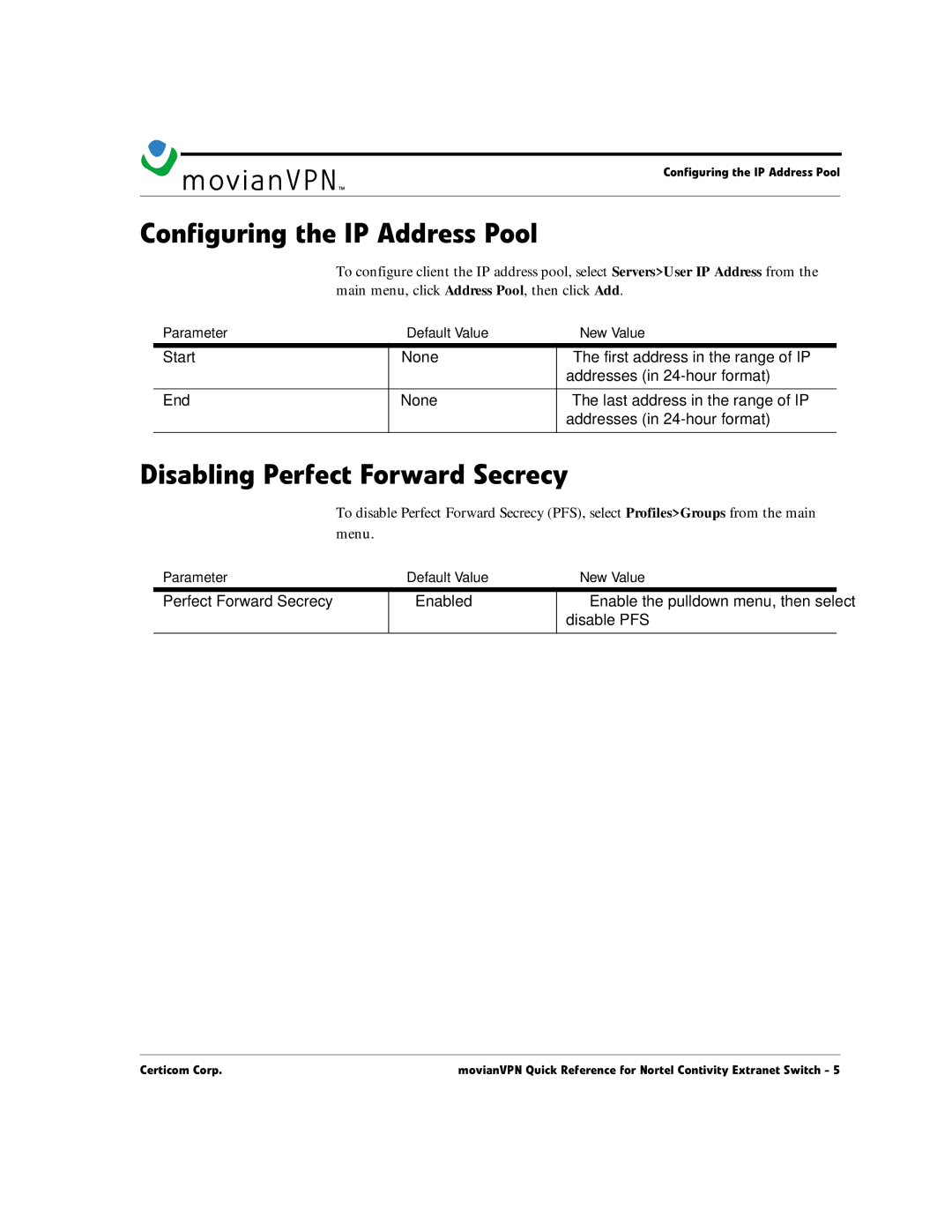 Nortel Networks movianVPN manual Disabling Perfect Forward Secrecy, Configuring the IP Address Pool 