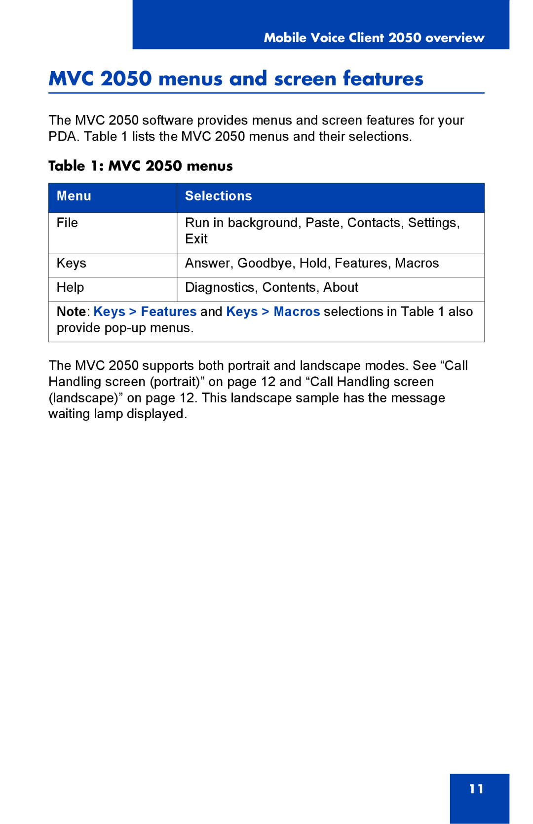 Nortel Networks N0035509 manual MVC 2050 menus and screen features 