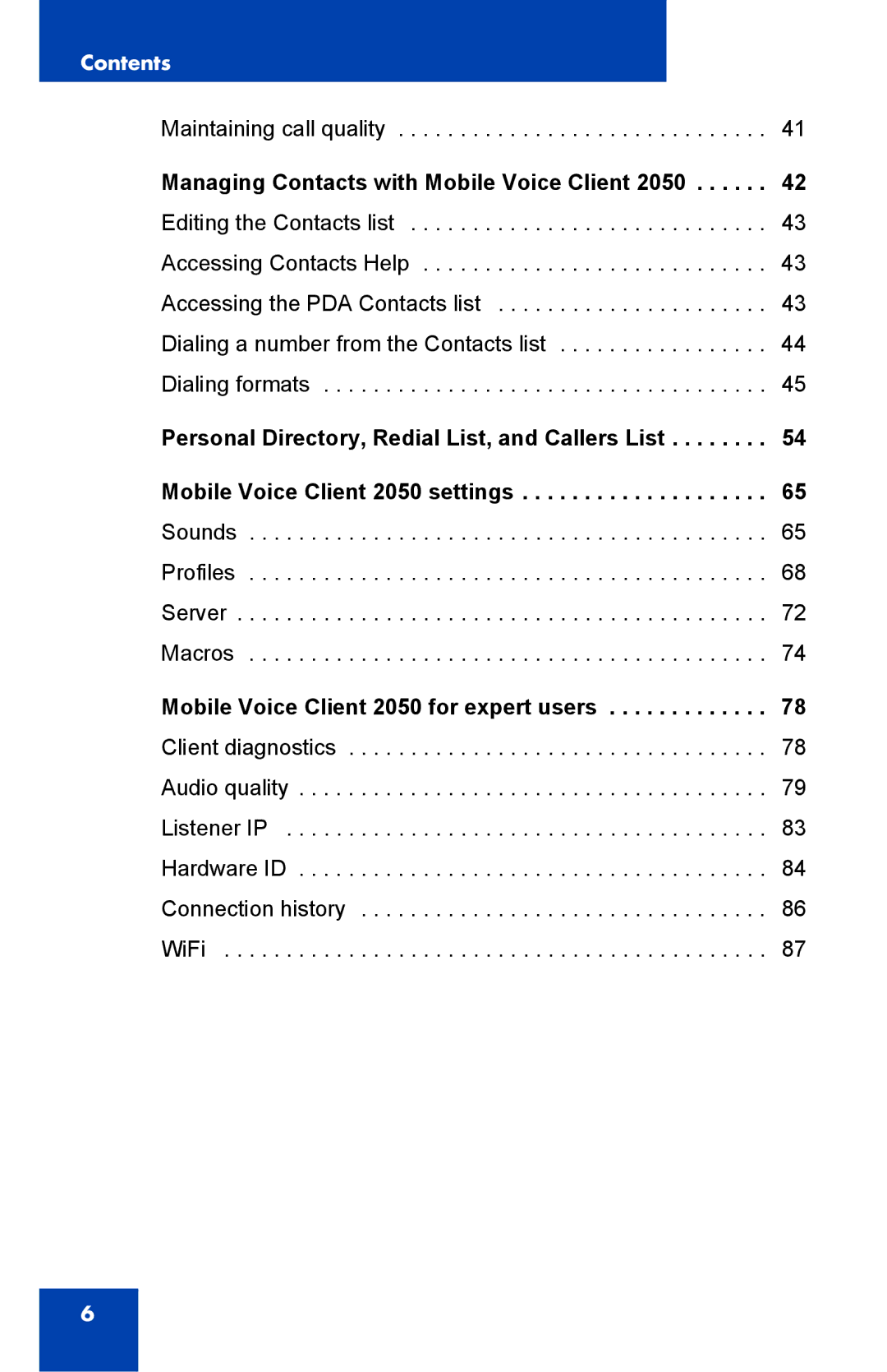 Nortel Networks N0035509 manual Managing Contacts with Mobile Voice Client 2050, Mobile Voice Client 2050 for expert users 