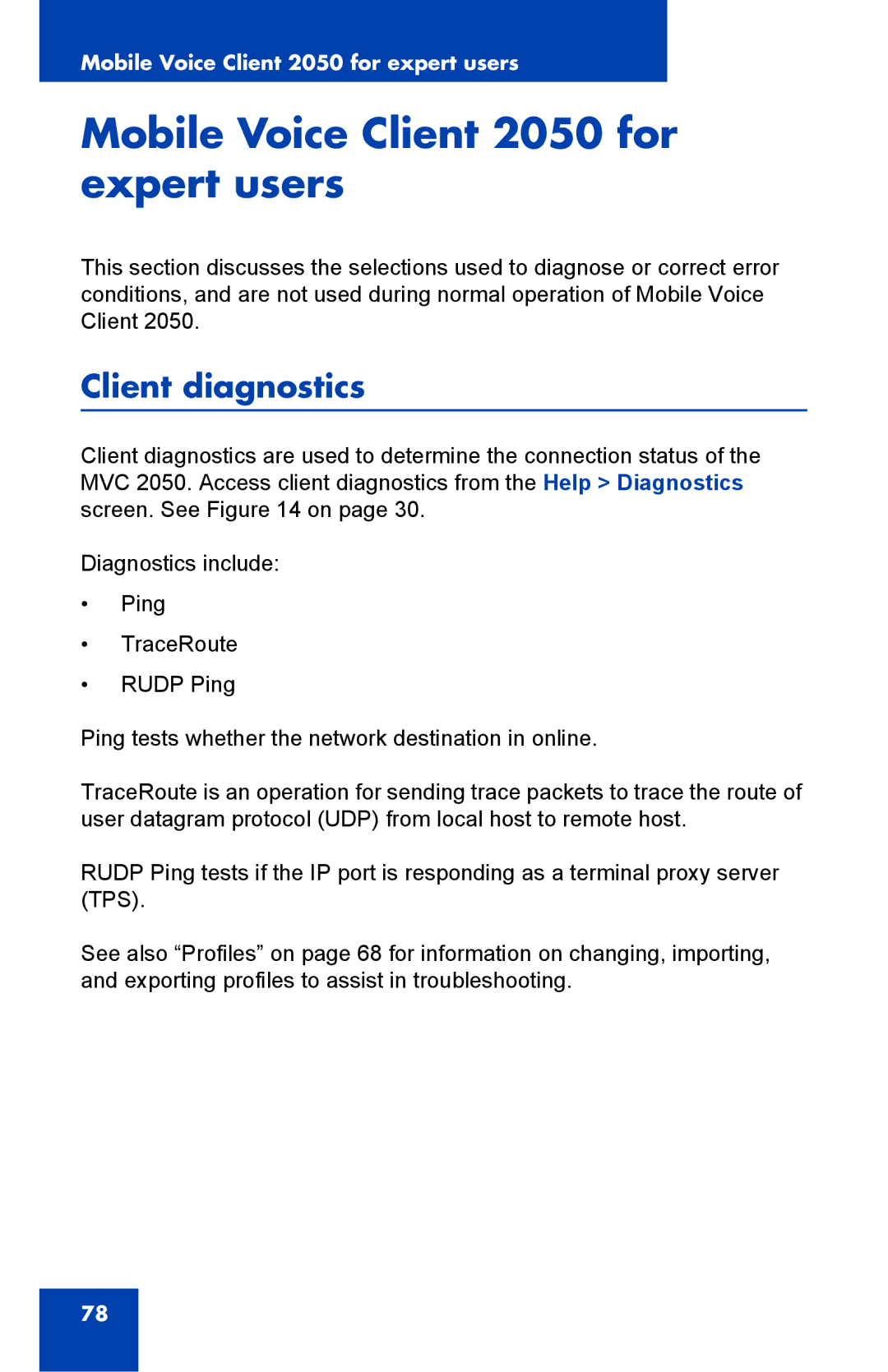 Nortel Networks N0035509 manual Mobile Voice Client 2050 for expert users, Client diagnostics 