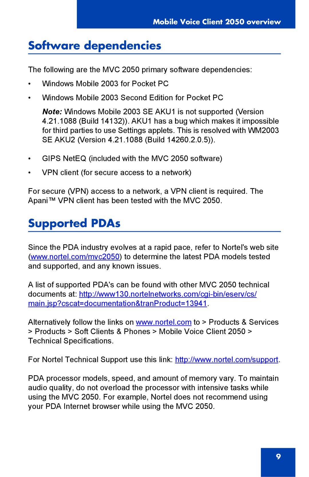 Nortel Networks N0035509 manual Software dependencies, Supported PDAs 