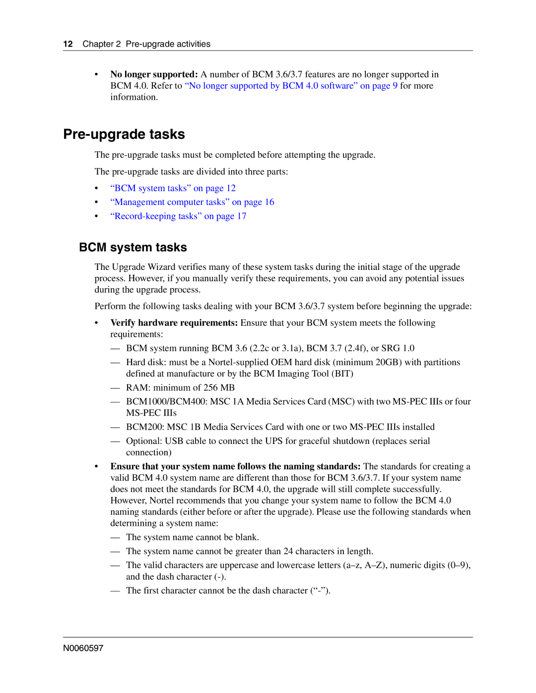 Nortel Networks n0060597 manual Pre-upgrade tasks, BCM system tasks 