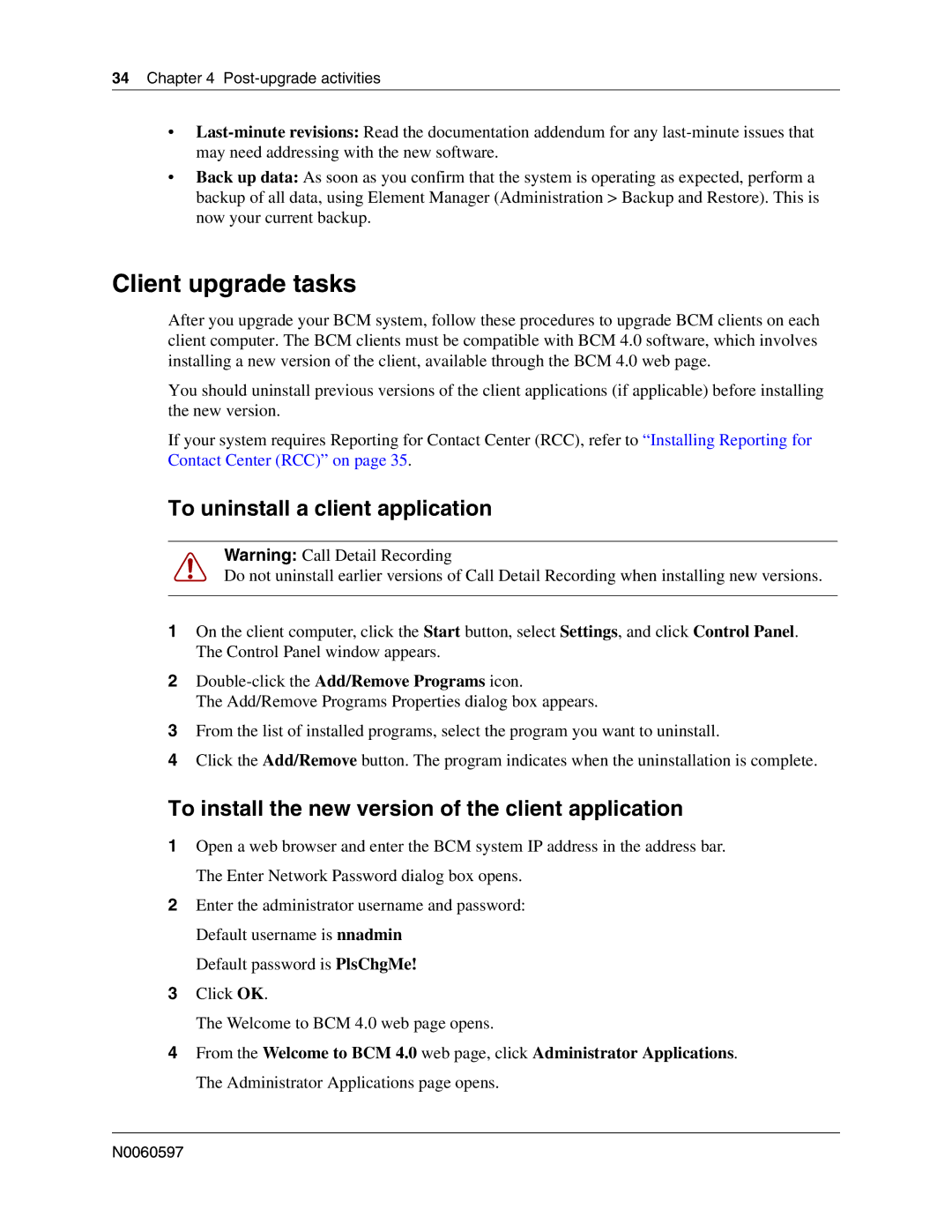 Nortel Networks n0060597 manual Client upgrade tasks, To uninstall a client application 