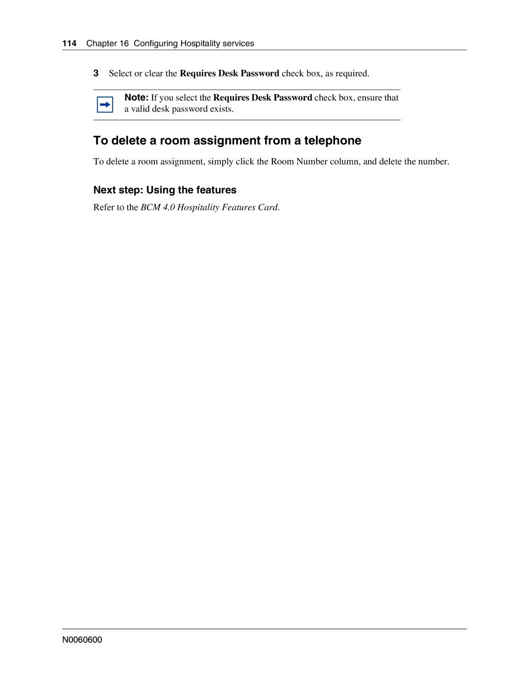 Nortel Networks N0060600 manual To delete a room assignment from a telephone, Next step Using the features 