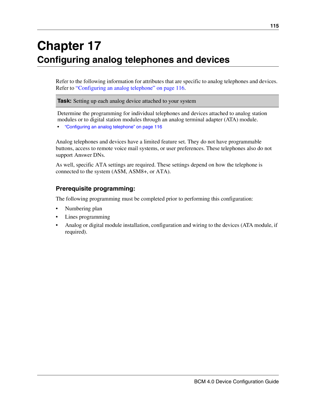 Nortel Networks N0060600 manual Configuring analog telephones and devices, Prerequisite programming 