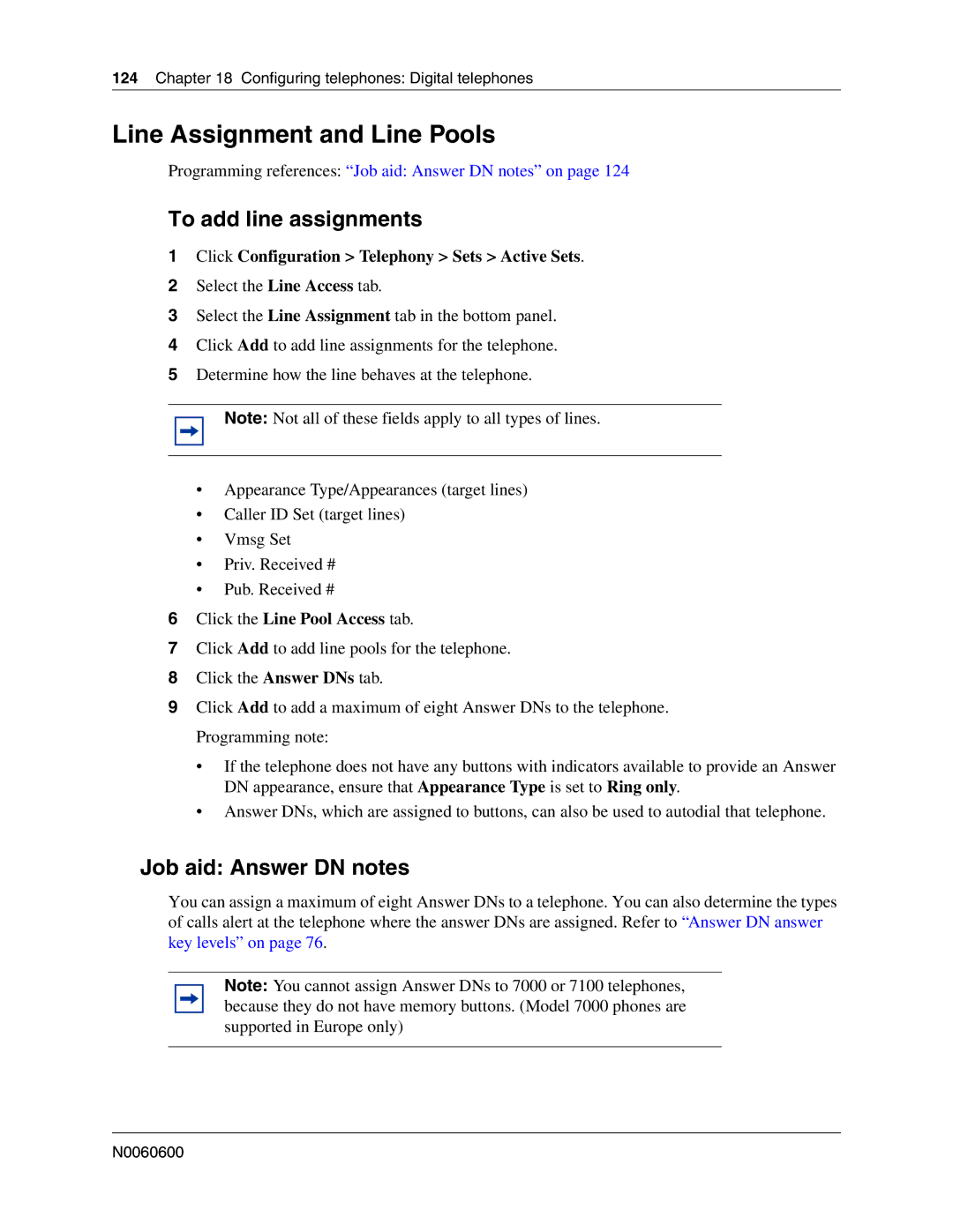 Nortel Networks N0060600 manual Line Assignment and Line Pools, To add line assignments, Job aid Answer DN notes 