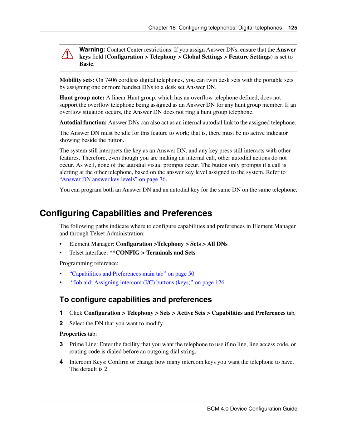 Nortel Networks N0060600 manual Configuring Capabilities and Preferences, To configure capabilities and preferences 