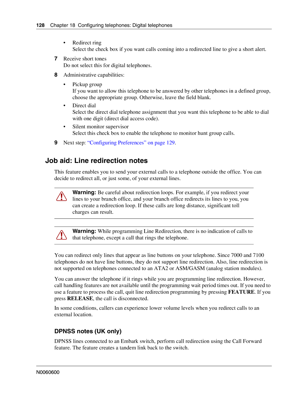 Nortel Networks N0060600 manual Job aid Line redirection notes, Dpnss notes UK only 