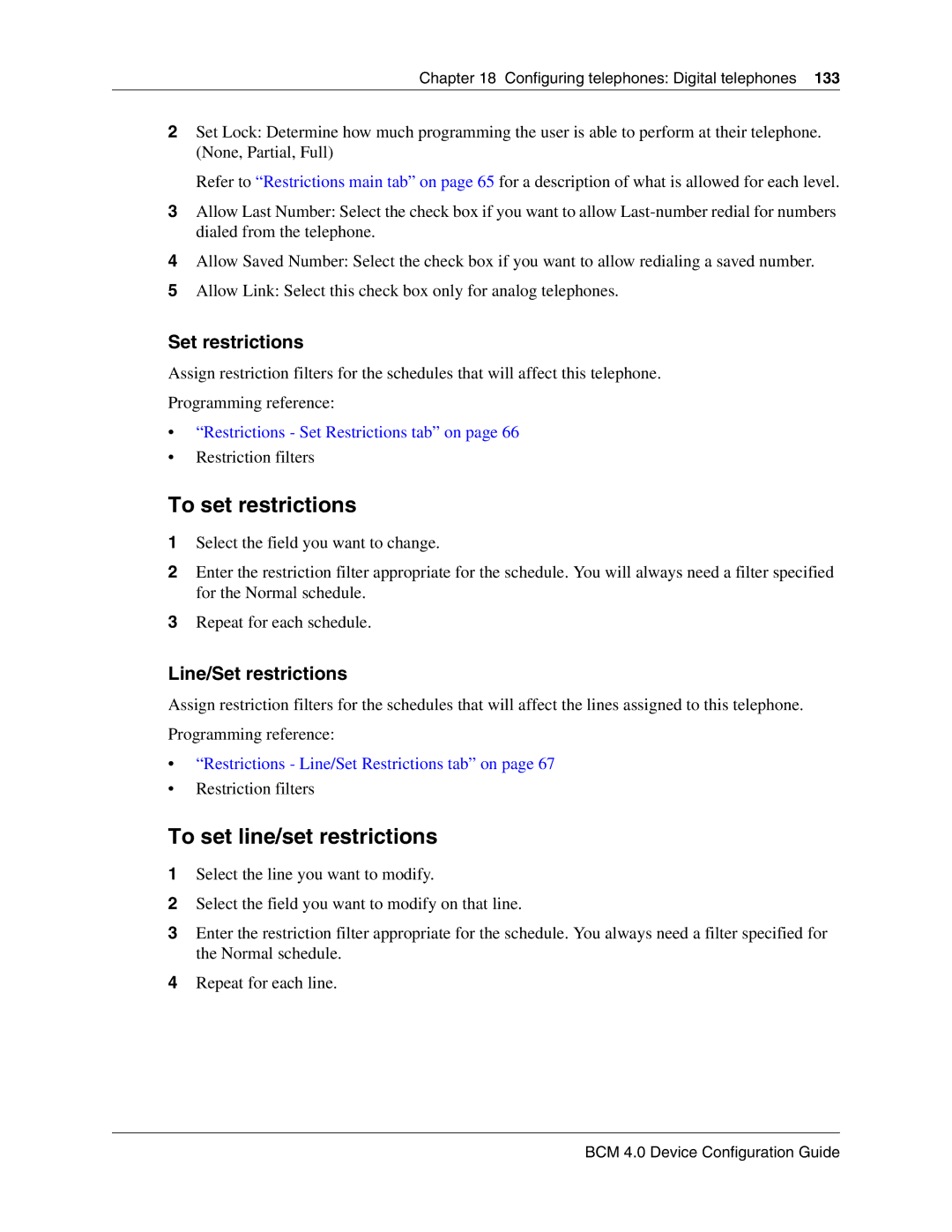 Nortel Networks N0060600 To set restrictions, To set line/set restrictions, Line/Set restrictions, Restriction filters 