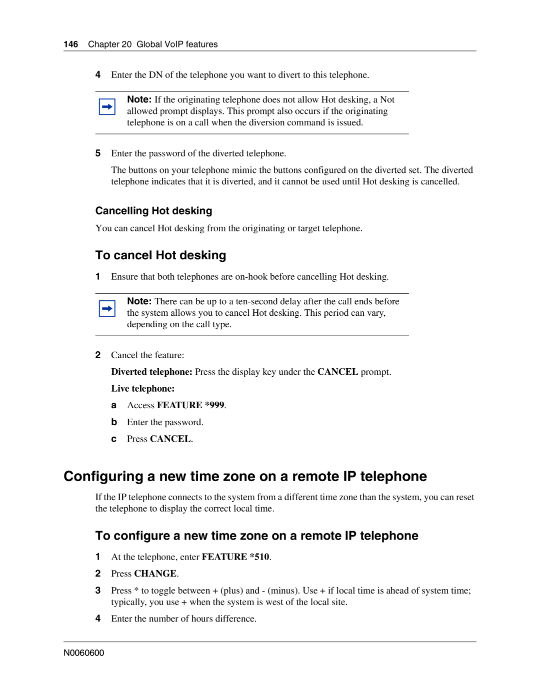 Nortel Networks N0060600 manual Configuring a new time zone on a remote IP telephone, To cancel Hot desking 