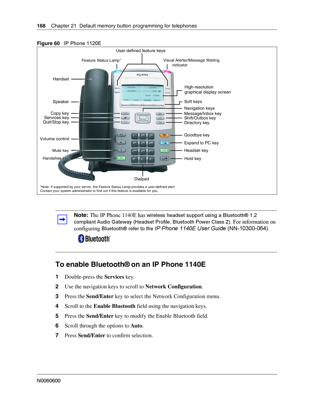 Nortel Networks N0060600 manual To enable Bluetooth on an IP Phone 1140E, IP Phone 1120E 