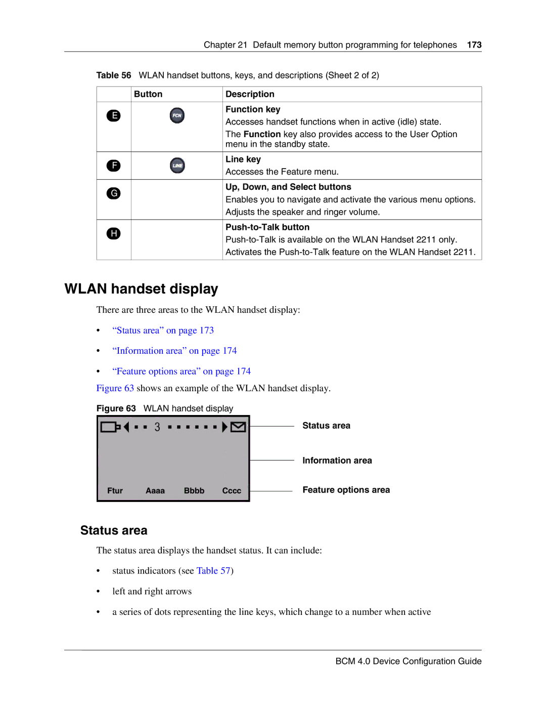 Nortel Networks N0060600 Status area, There are three areas to the Wlan handset display, Accesses the Feature menu 