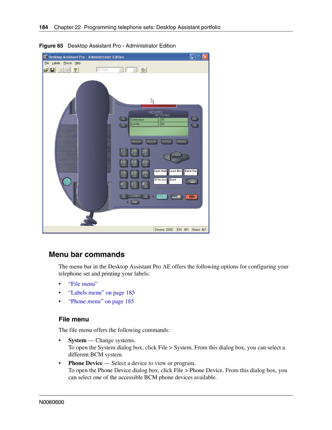 Nortel Networks N0060600 manual Menu bar commands, File menu, Programming telephone sets Desktop Assistant portfolio 