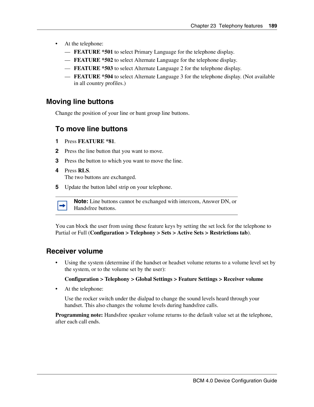 Nortel Networks N0060600 manual Moving line buttons, To move line buttons, Receiver volume, Press Feature *81 