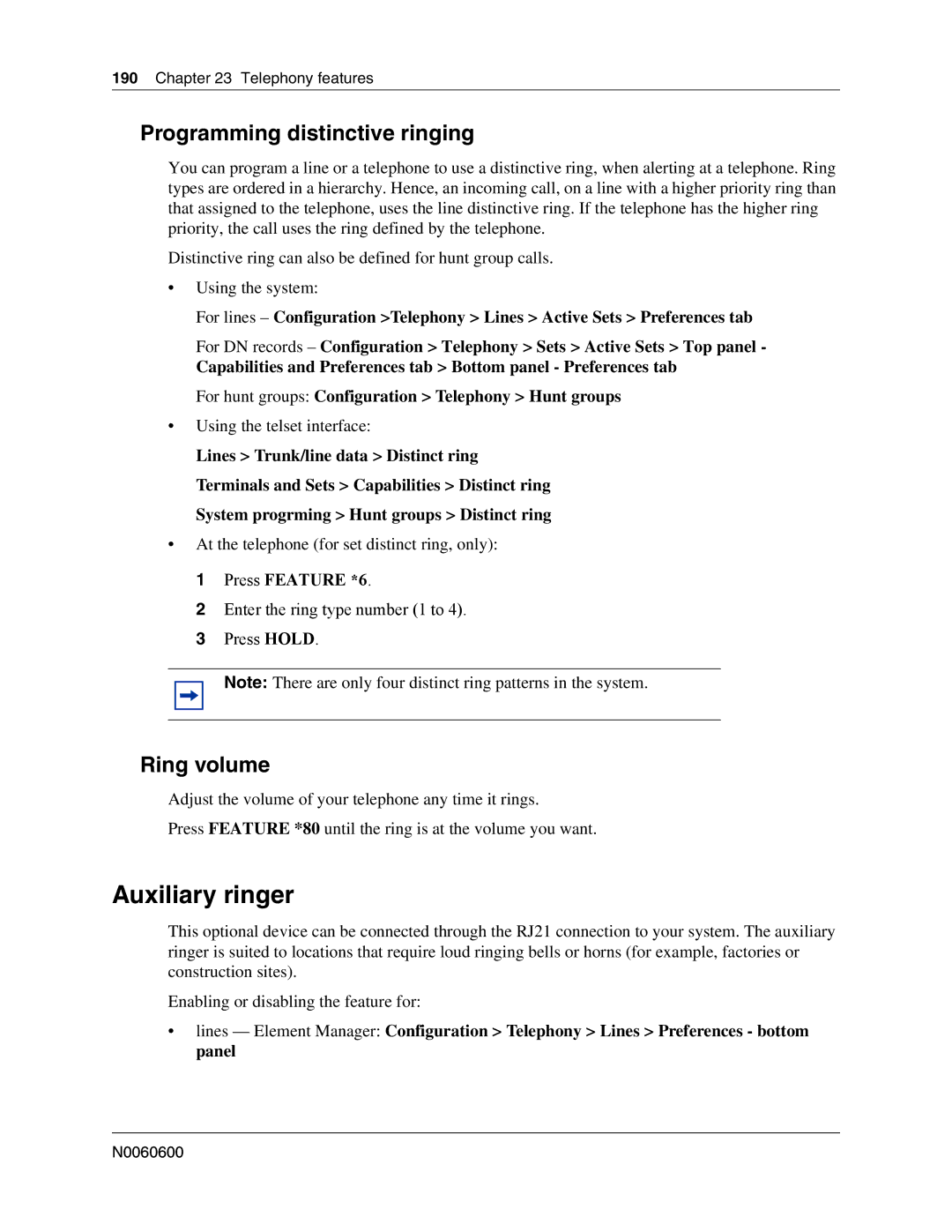 Nortel Networks N0060600 manual Auxiliary ringer, Programming distinctive ringing, Ring volume, Press Feature *6 