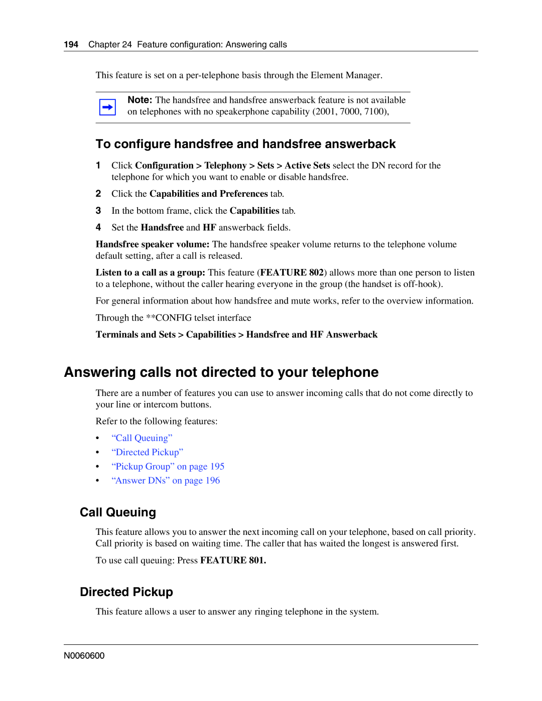 Nortel Networks N0060600 Answering calls not directed to your telephone, To configure handsfree and handsfree answerback 