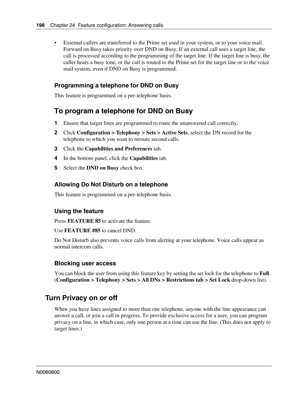 Nortel Networks N0060600 manual To program a telephone for DND on Busy, Turn Privacy on or off, Blocking user access 