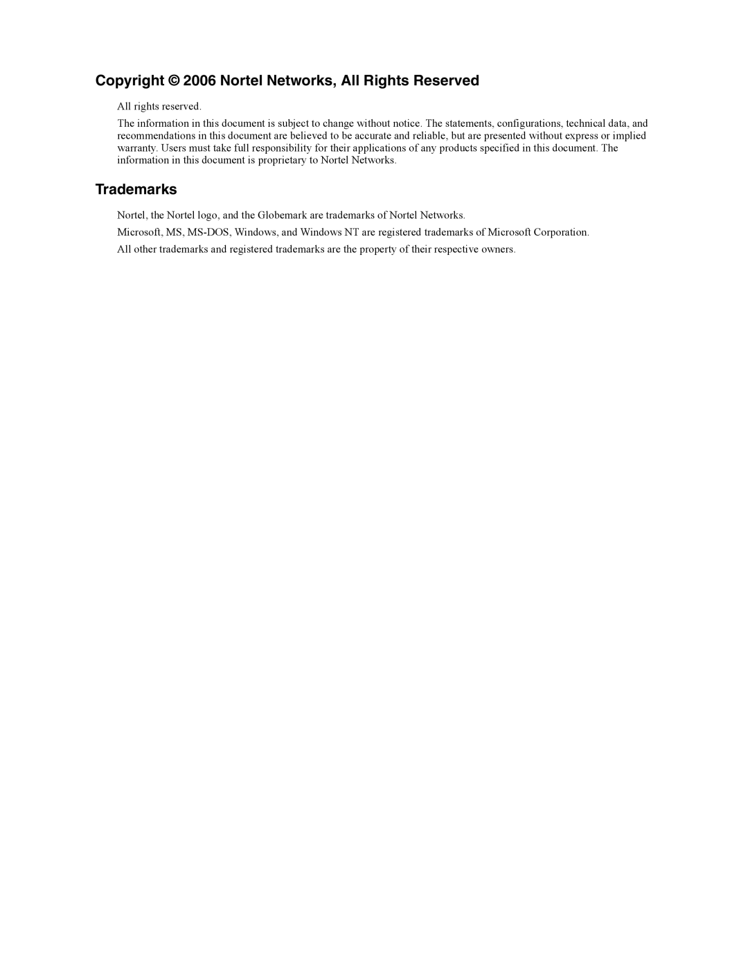 Nortel Networks N0060600 manual Copyright 2006 Nortel Networks, All Rights Reserved, Trademarks 