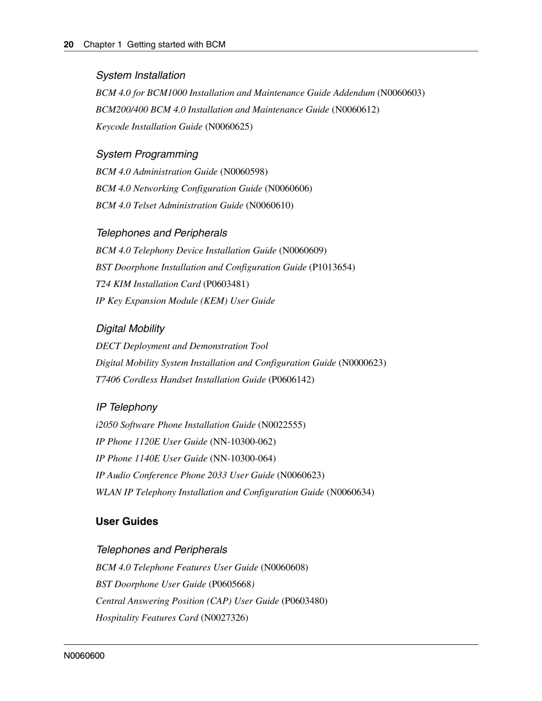 Nortel Networks N0060600 manual System Installation, User Guides 