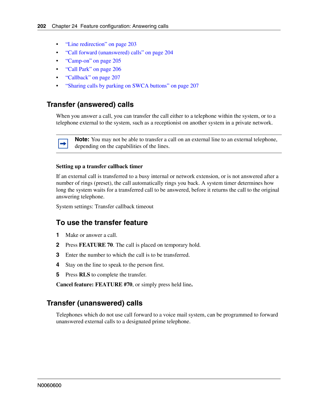 Nortel Networks N0060600 manual Transfer answered calls, To use the transfer feature, Transfer unanswered calls 