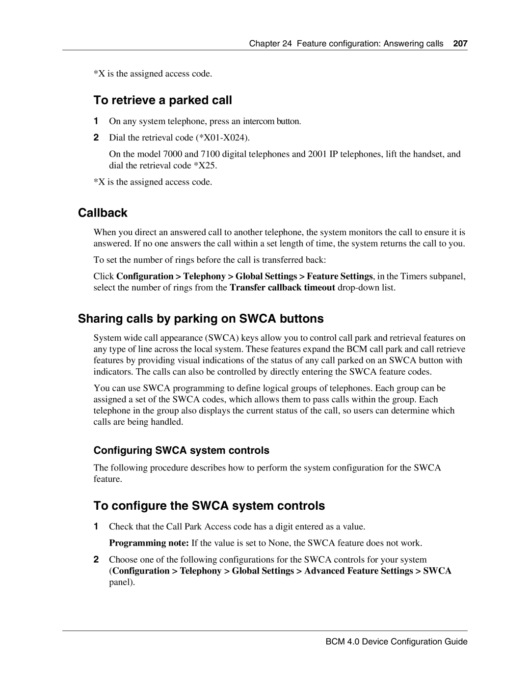 Nortel Networks N0060600 manual To retrieve a parked call, Callback, Sharing calls by parking on Swca buttons 