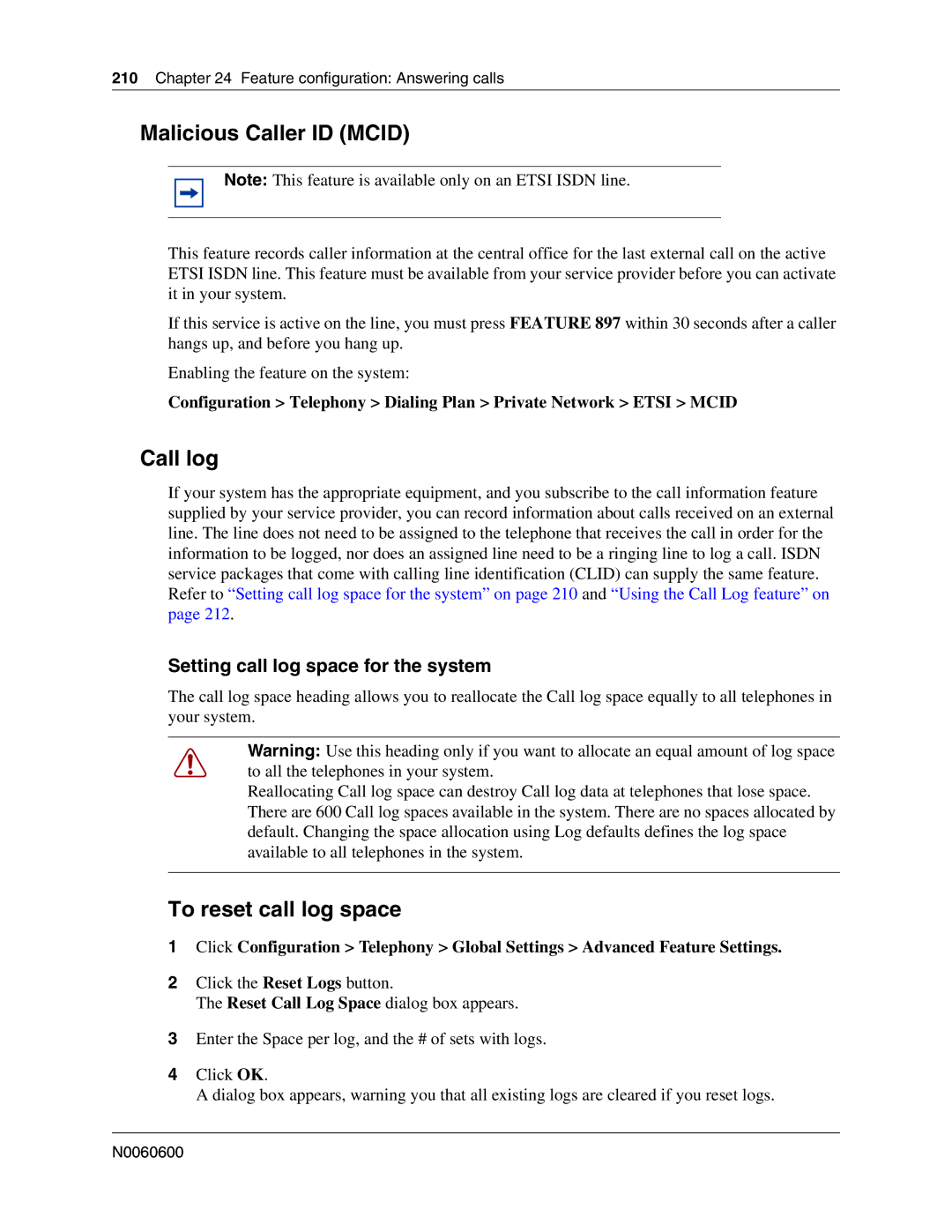 Nortel Networks N0060600 manual Malicious Caller ID Mcid, Call log, To reset call log space 