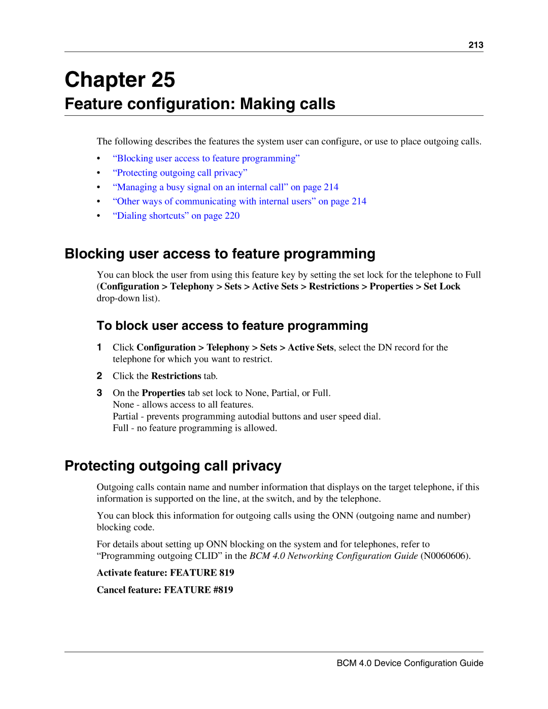 Nortel Networks N0060600 manual Feature configuration Making calls, Blocking user access to feature programming 