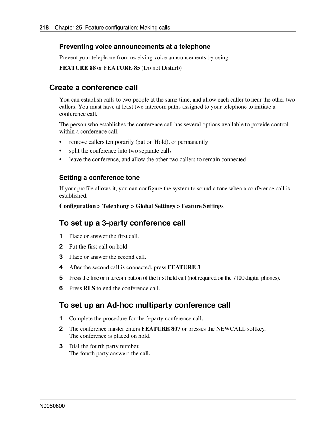 Nortel Networks N0060600 manual Create a conference call, To set up a 3-party conference call, Setting a conference tone 