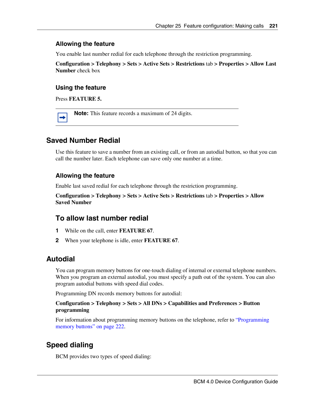 Nortel Networks N0060600 Saved Number Redial, To allow last number redial, Autodial, Speed dialing, Allowing the feature 