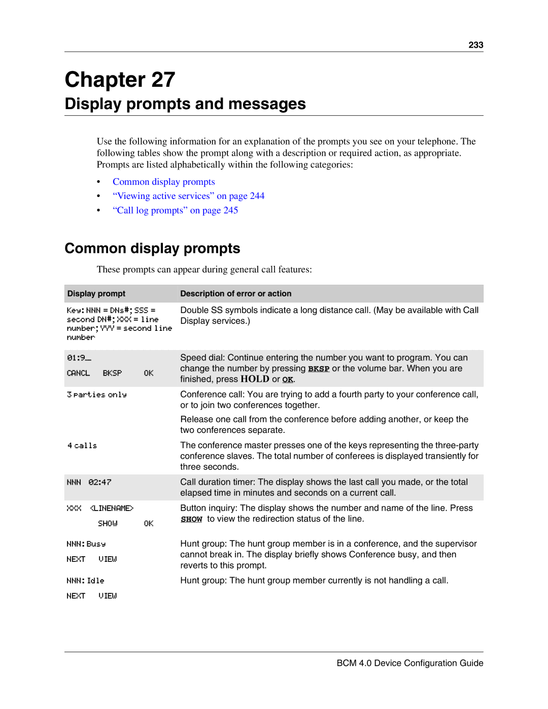 Nortel Networks N0060600 manual Display prompts and messages, Common display prompts 