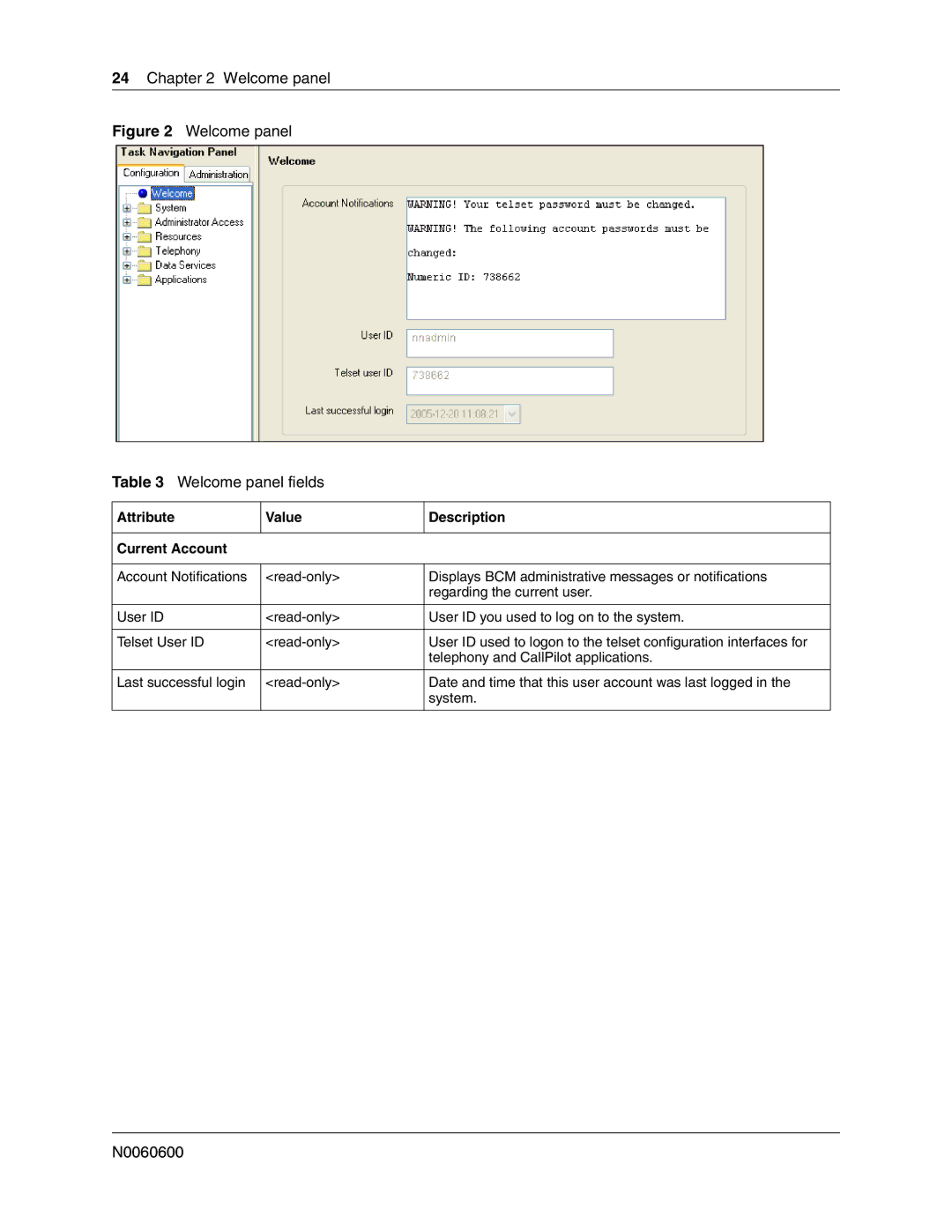 Nortel Networks N0060600 manual Welcome panel, Attribute Value Description Current Account 