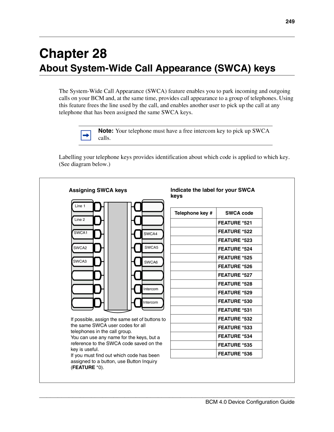 Nortel Networks N0060600 manual About System-Wide Call Appearance Swca keys, Telephone key # Swca code 