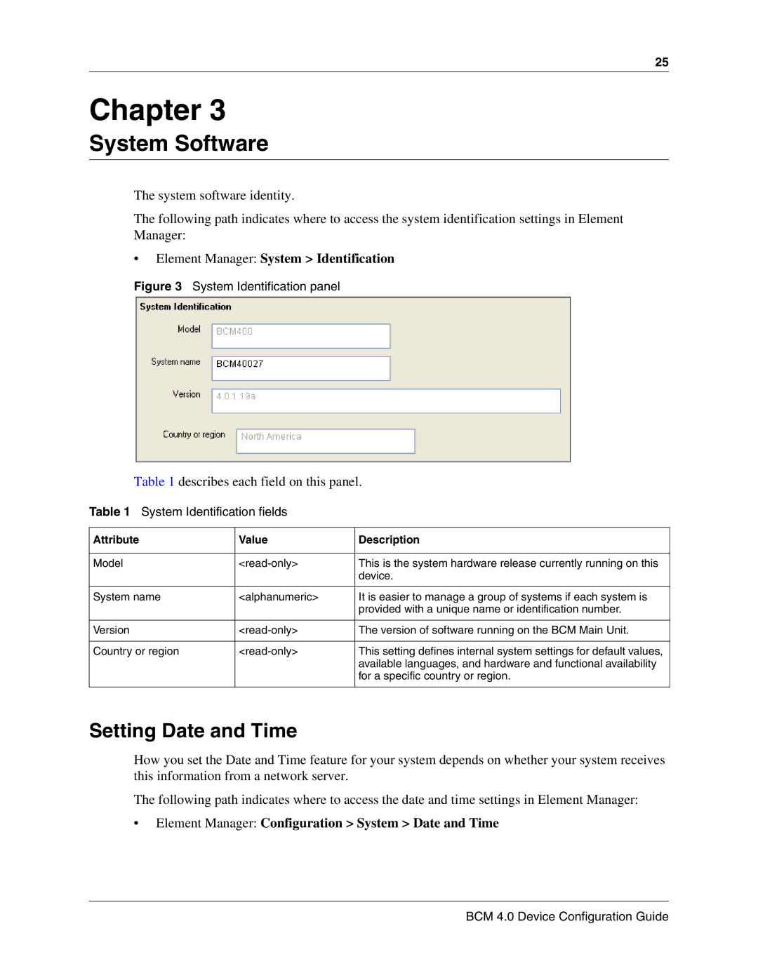 Nortel Networks N0060600 manual System Software, Setting Date and Time, Element Manager System Identification 