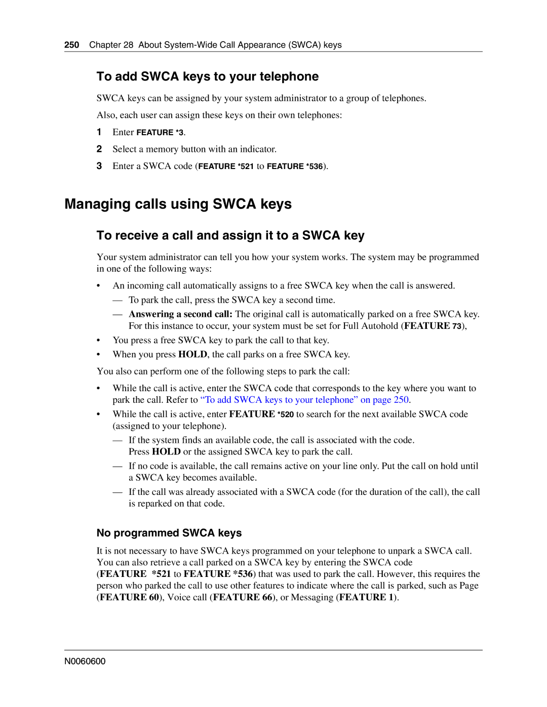 Nortel Networks N0060600 manual Managing calls using Swca keys, To add Swca keys to your telephone, No programmed Swca keys 