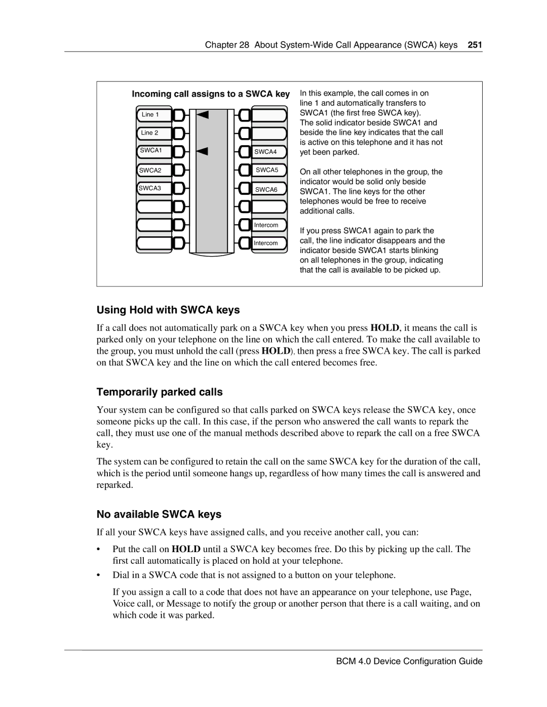 Nortel Networks N0060600 manual Using Hold with Swca keys, Temporarily parked calls, No available Swca keys 