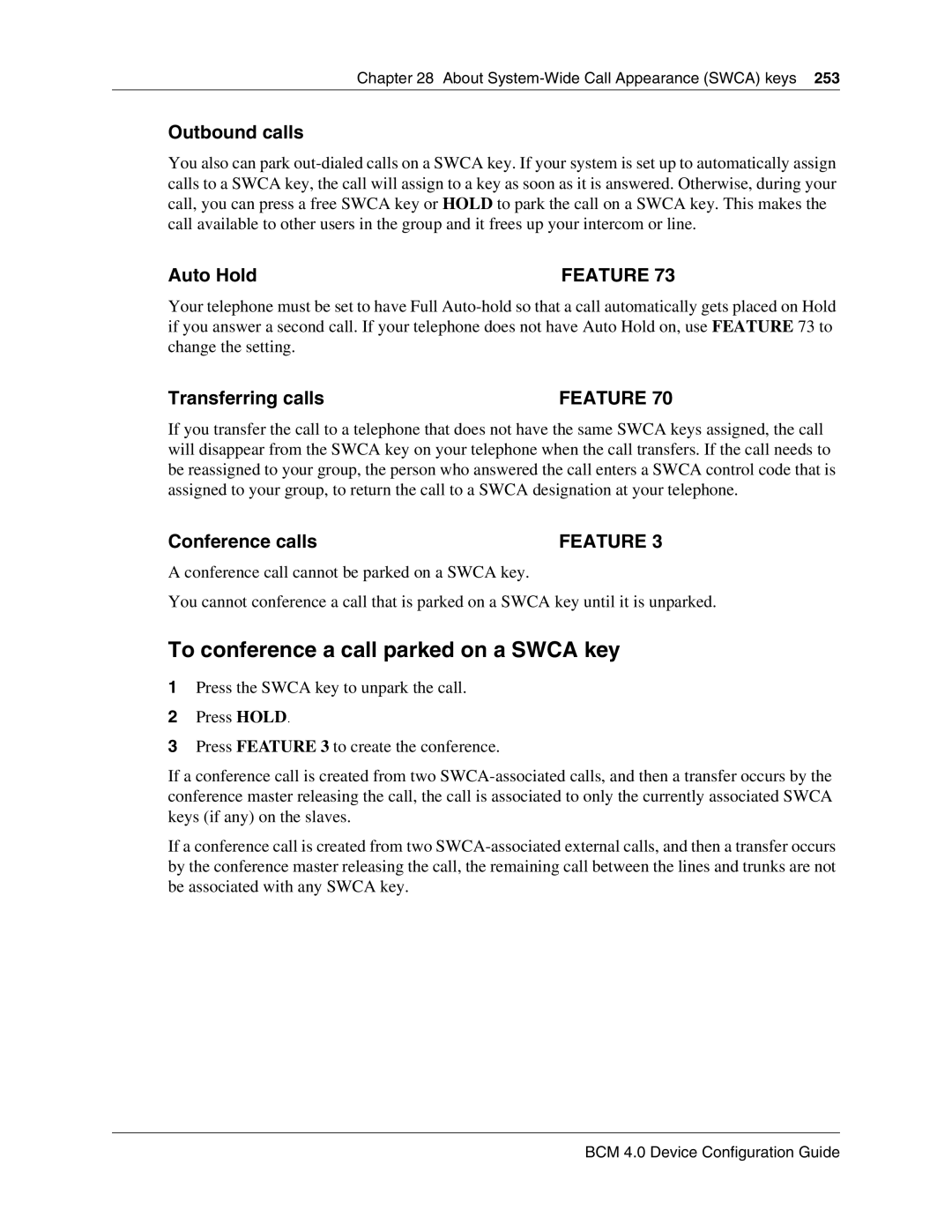 Nortel Networks N0060600 manual To conference a call parked on a Swca key, Outbound calls, Auto Hold, Transferring calls 