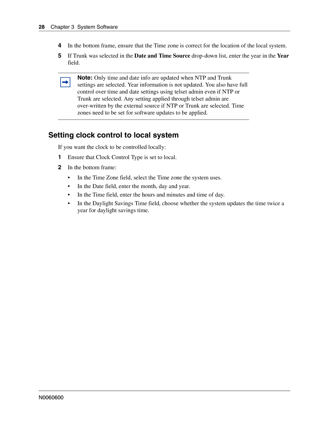 Nortel Networks N0060600 manual Setting clock control to local system 