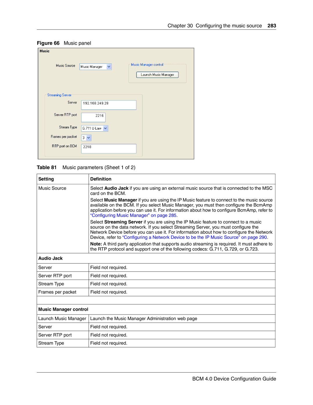 Nortel Networks N0060600 manual Setting Definition, Audio Jack, Music Manager control 