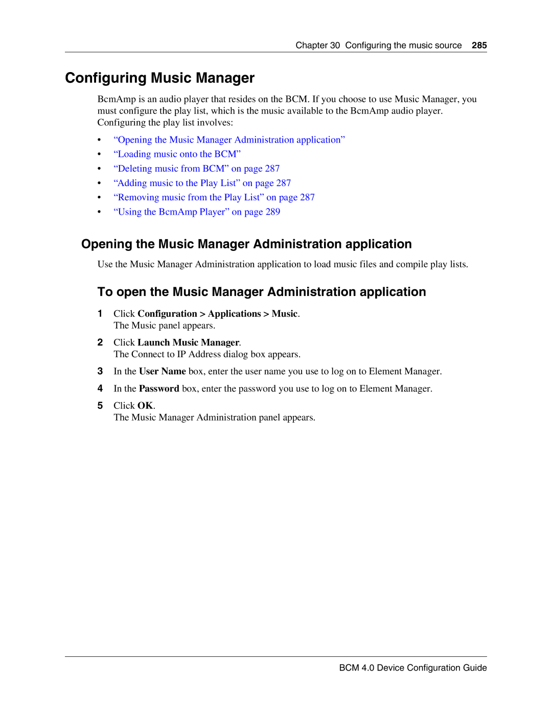 Nortel Networks N0060600 manual Configuring Music Manager, Opening the Music Manager Administration application 