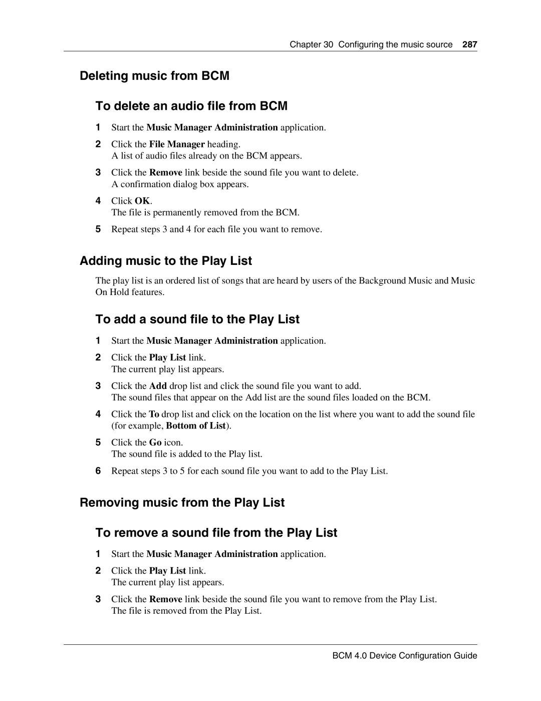 Nortel Networks N0060600 manual Deleting music from BCM To delete an audio file from BCM, Adding music to the Play List 