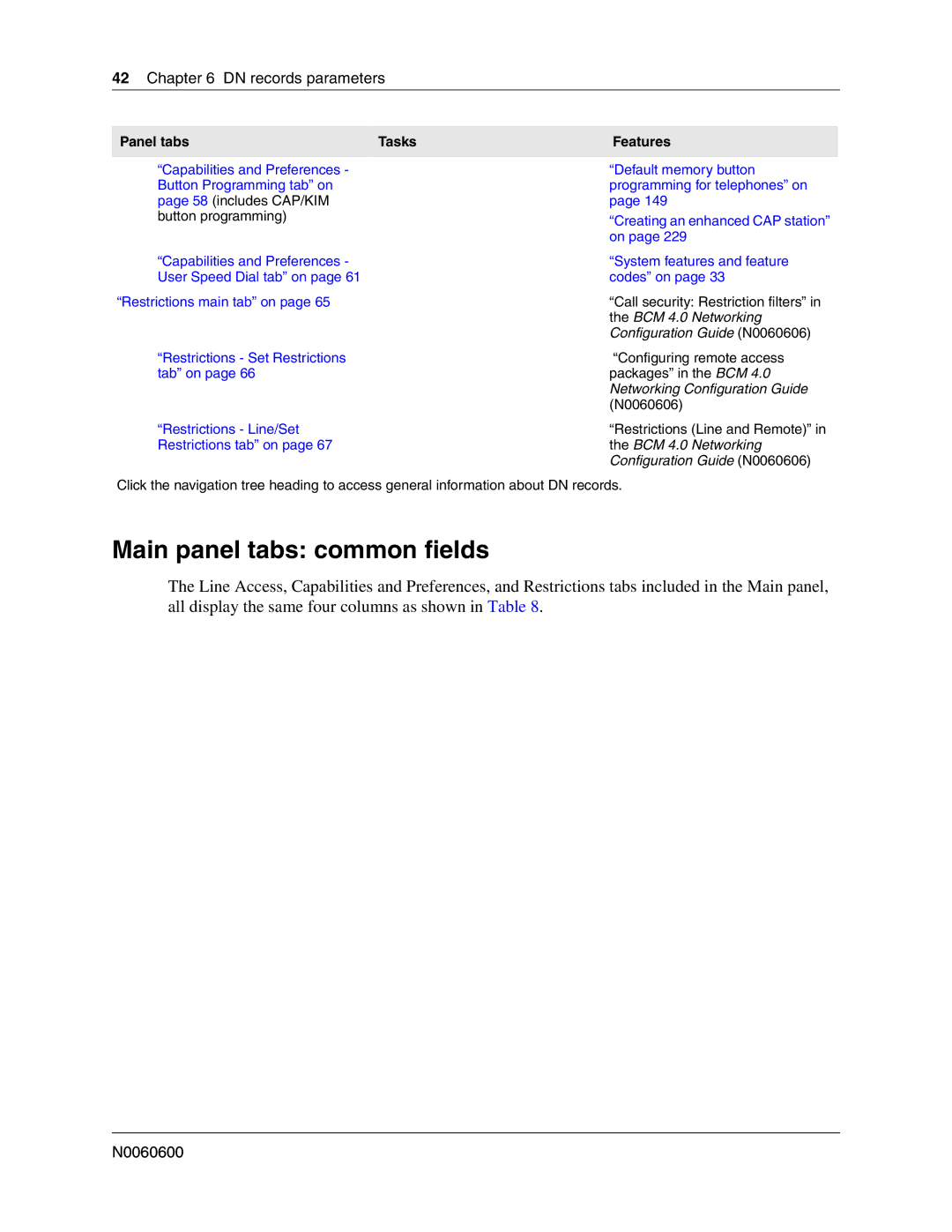 Nortel Networks N0060600 manual Main panel tabs common fields, DN records parameters, Panel tabs Tasks Features 