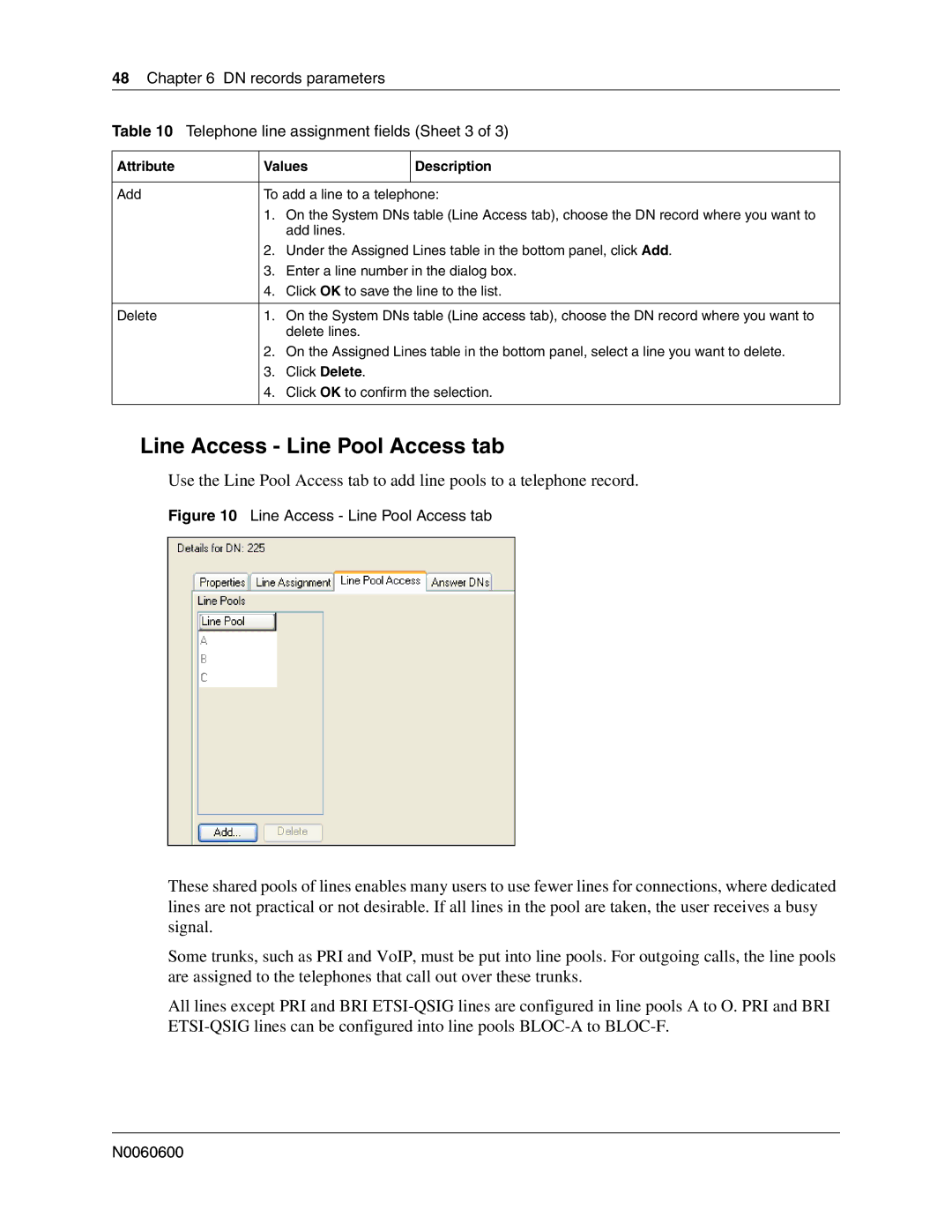 Nortel Networks N0060600 manual Line Access Line Pool Access tab 