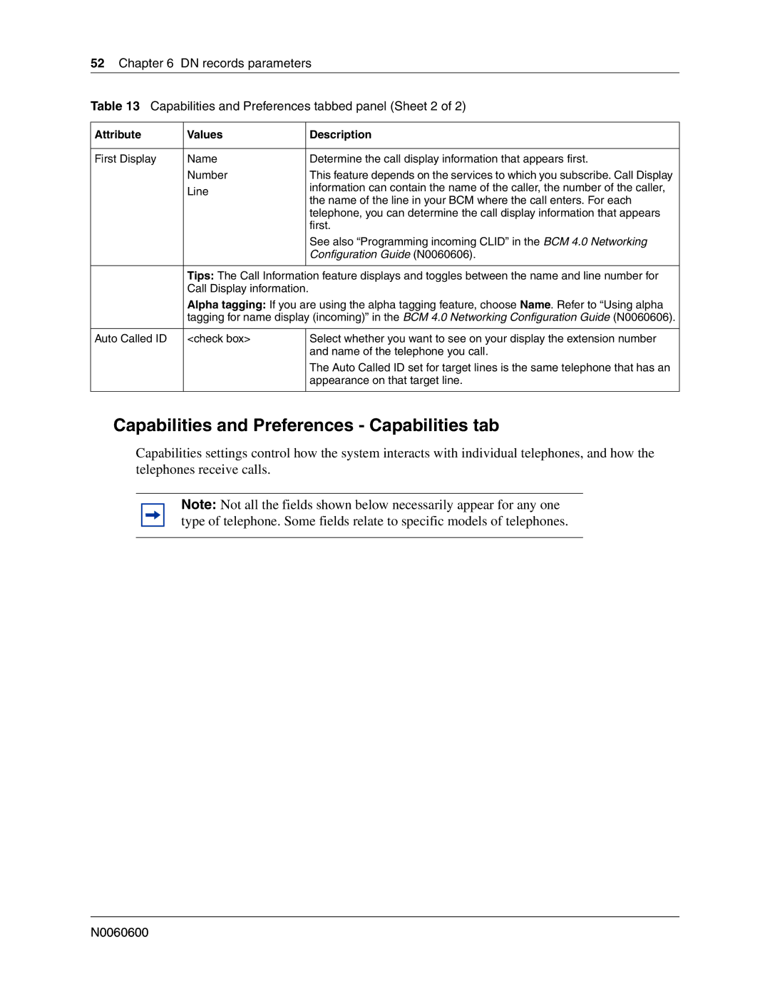 Nortel Networks N0060600 manual Capabilities and Preferences Capabilities tab 