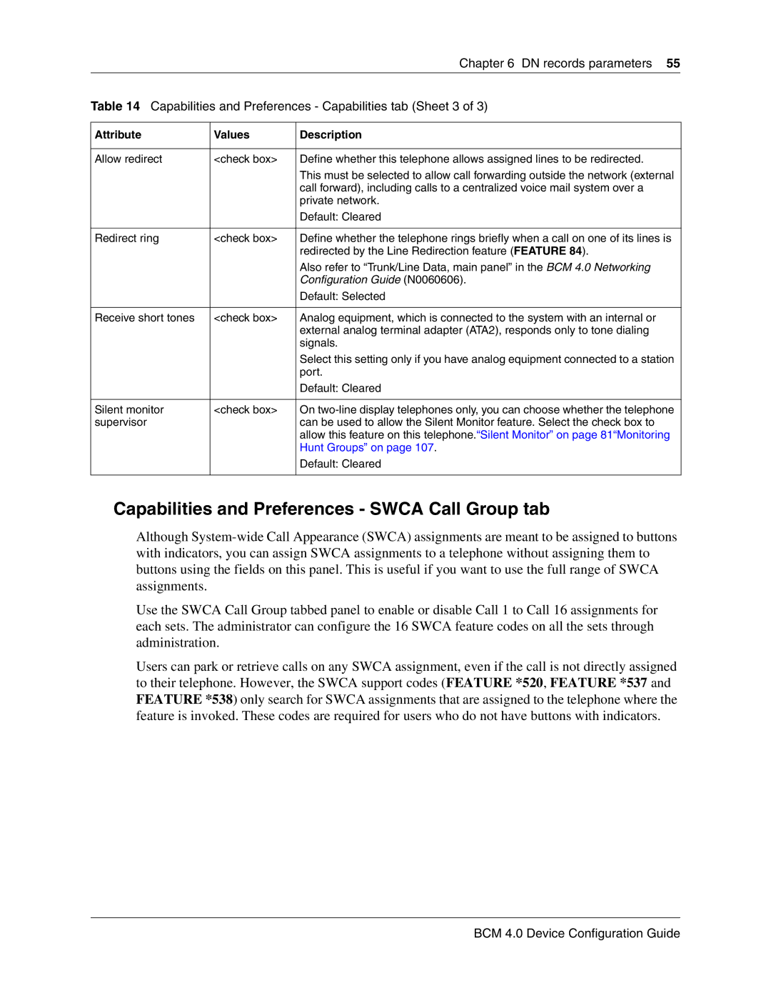 Nortel Networks N0060600 manual Capabilities and Preferences Swca Call Group tab 