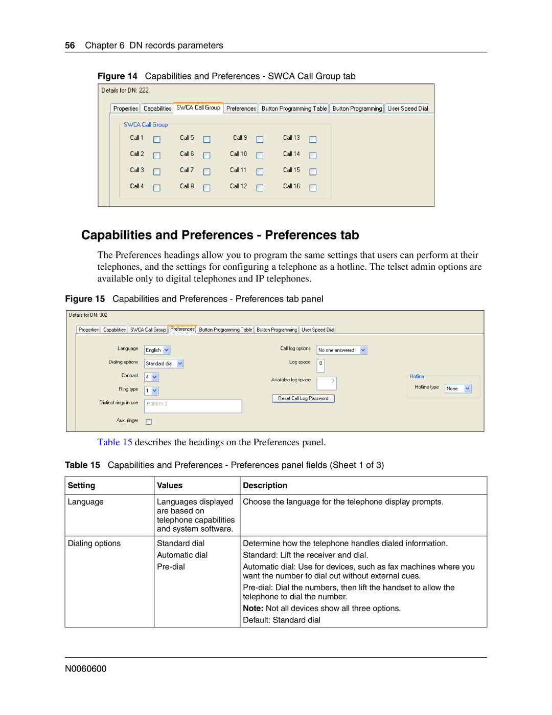 Nortel Networks N0060600 Capabilities and Preferences Preferences tab, Describes the headings on the Preferences panel 