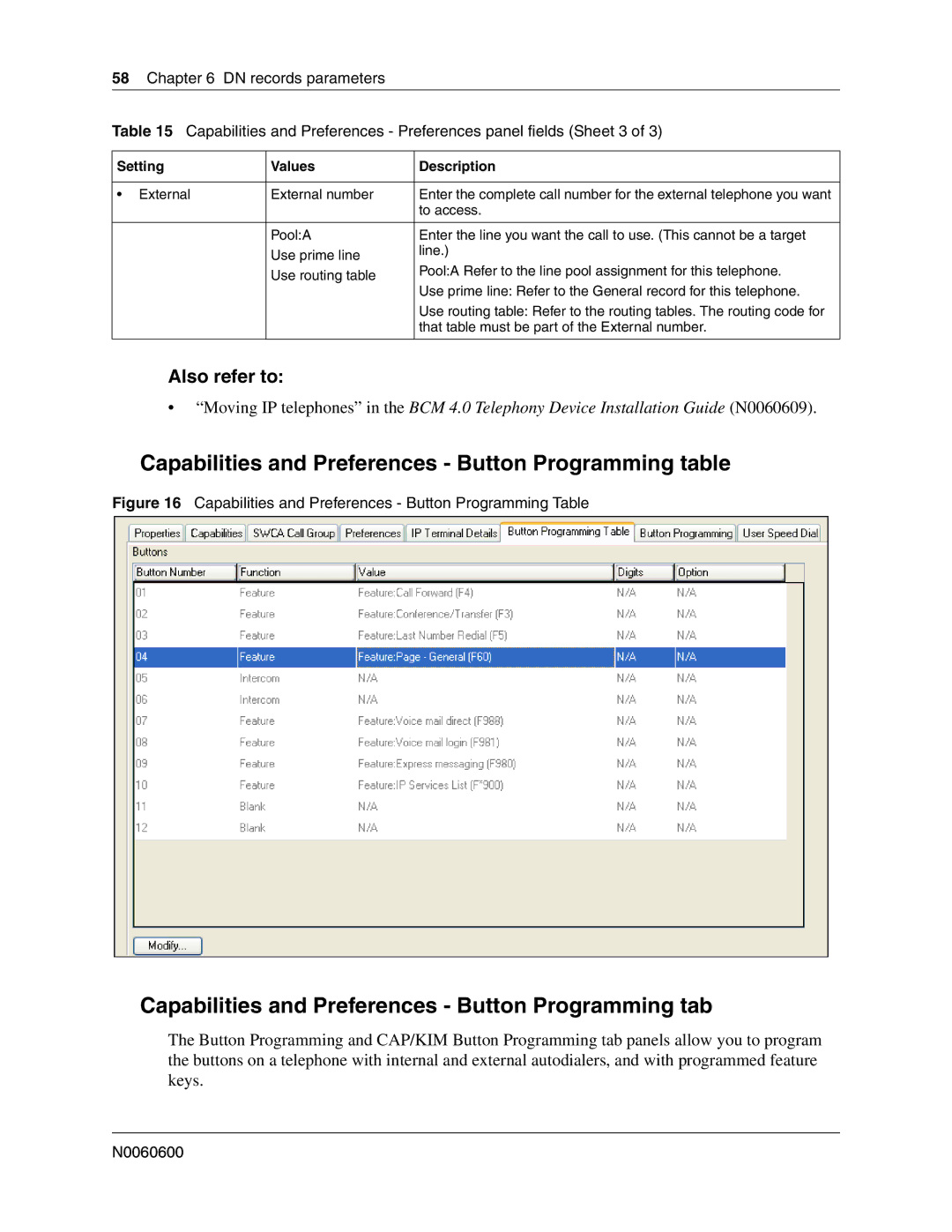 Nortel Networks N0060600 manual Capabilities and Preferences Button Programming table, Also refer to 