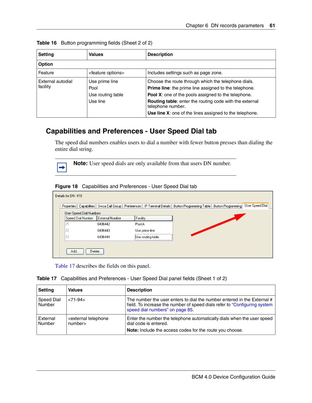 Nortel Networks N0060600 manual Capabilities and Preferences User Speed Dial tab, Button programming fields Sheet 2 