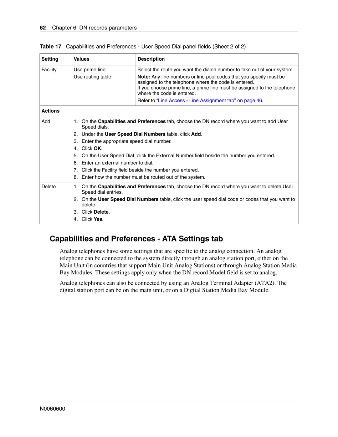 Nortel Networks N0060600 Capabilities and Preferences ATA Settings tab, Under the User Speed Dial Numbers table, click Add 