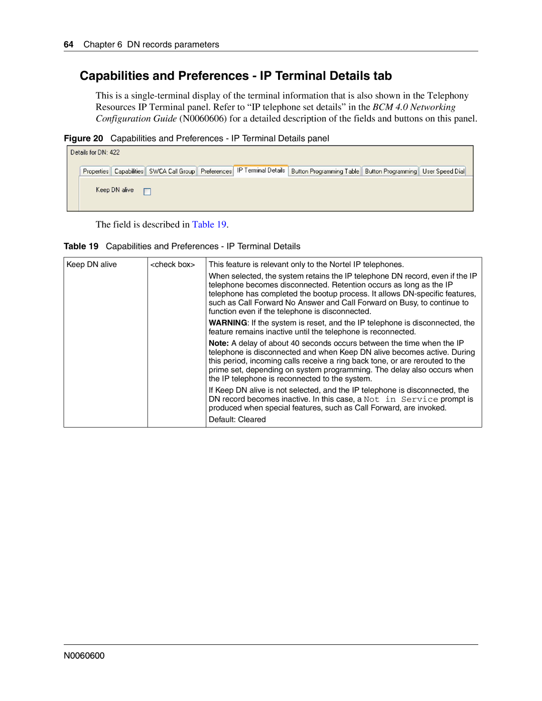 Nortel Networks N0060600 manual Capabilities and Preferences IP Terminal Details tab, Field is described in Table 